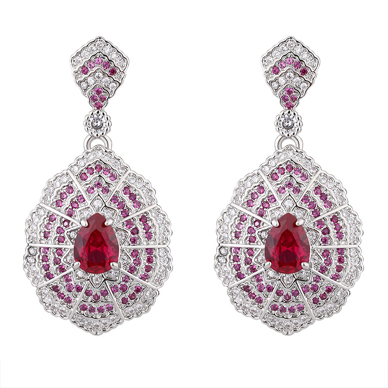 Baroque-Inspired Red Zircon Jewelry Suite: Necklace Pendant, Earrings, and Ring Set