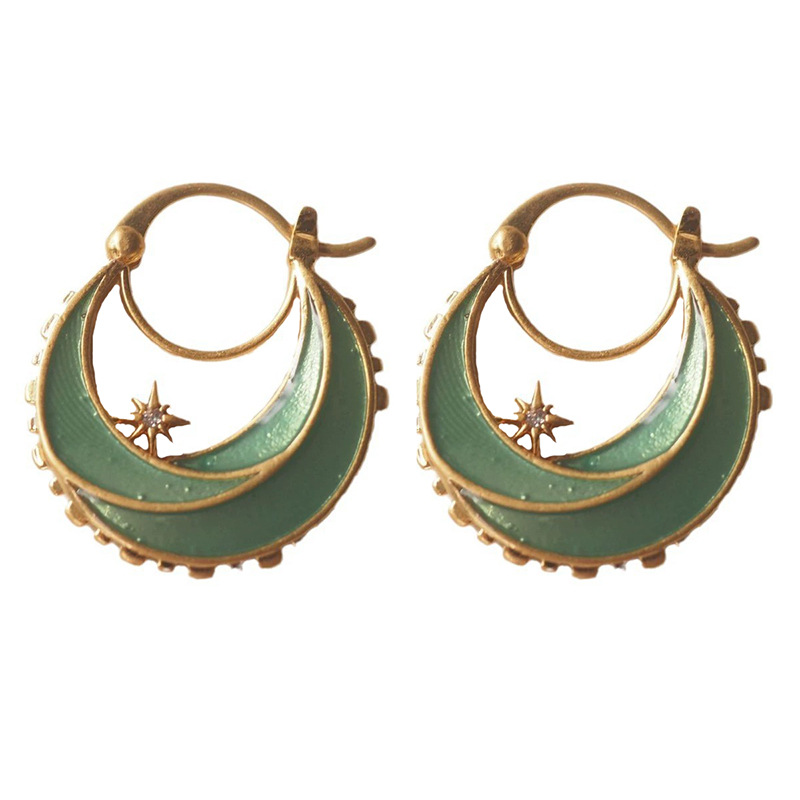 Vintage Enamel Star and Moon Blue-Green Hoop Earrings - Unique Design