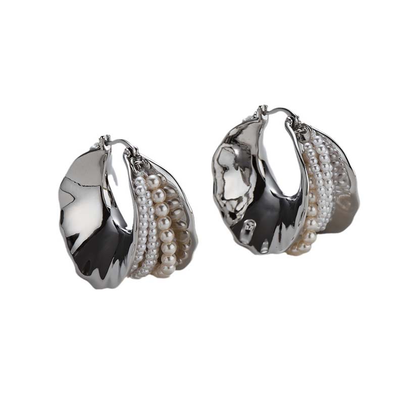 Luxury Heavyweight Silver-Toned Textured Hoop Pearl Earrings - Unique Design for Women