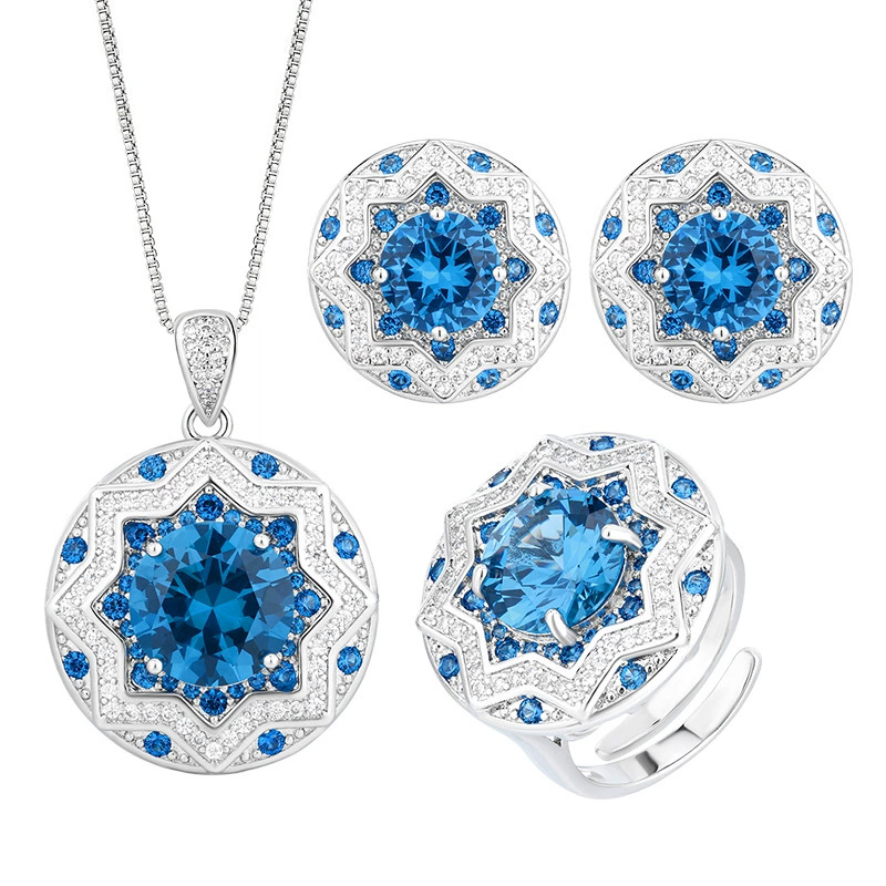 Simulated Blue Spinel Round Earrings and Necklace Set - Elegant Lightweight Luxury Jewelry for Women