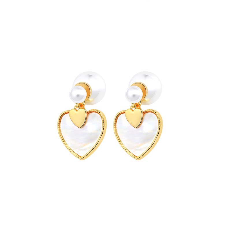 Heart-Shaped Mother of Pearl Stud Earrings with Pearl Drop - Elegant and Sweet for Women