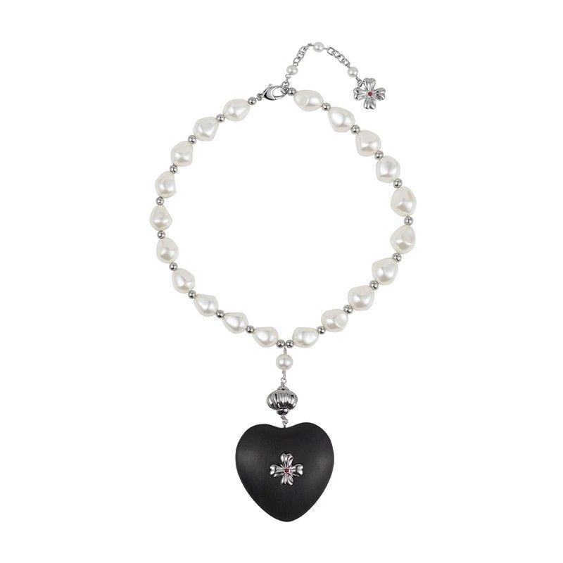 Pearl and Ebony Wood Heart Necklace